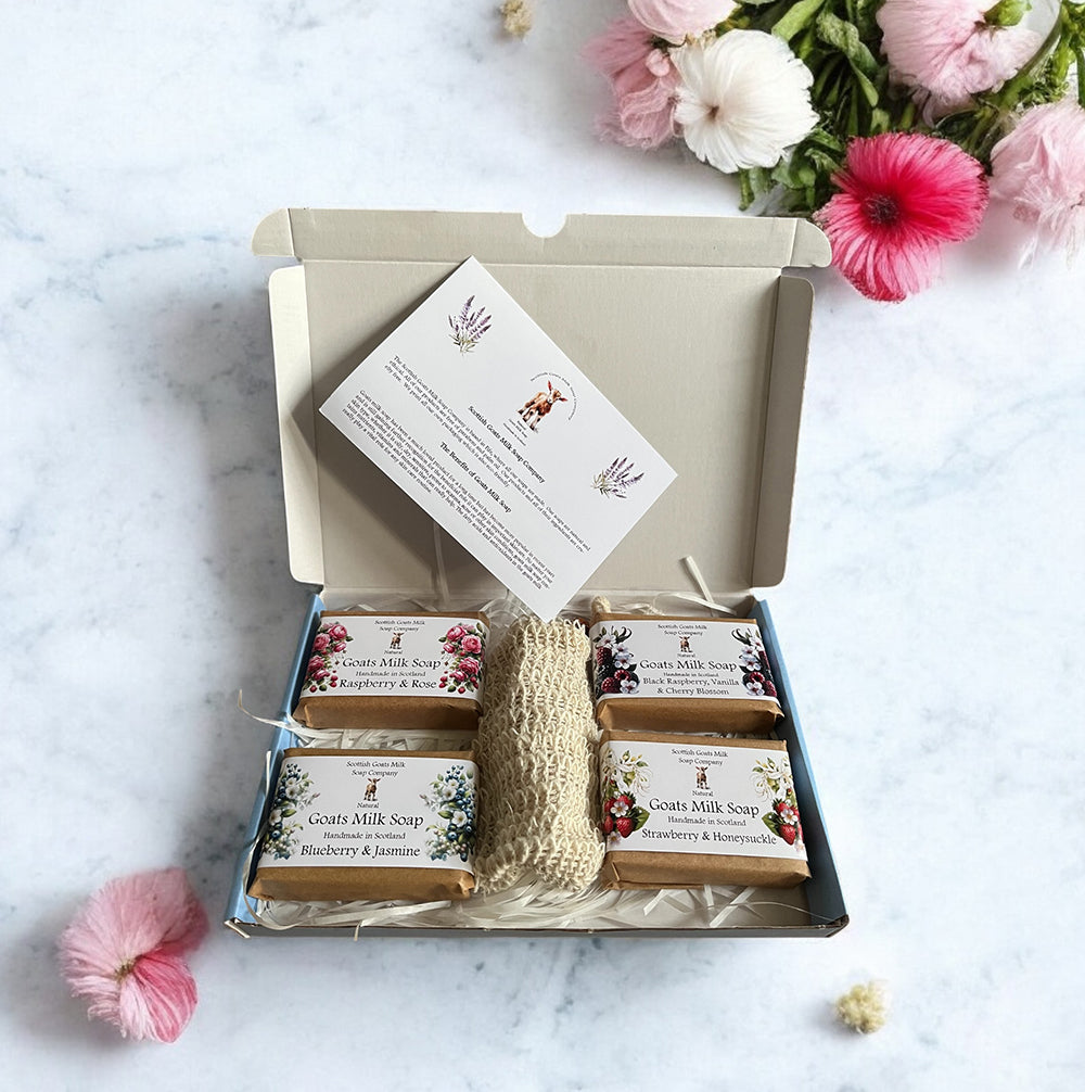 4 Fruit & Floral Goats Milk Soap Bar & Soap Bag Gift Set | 7 Boxes to Choose From | Gift Boxed