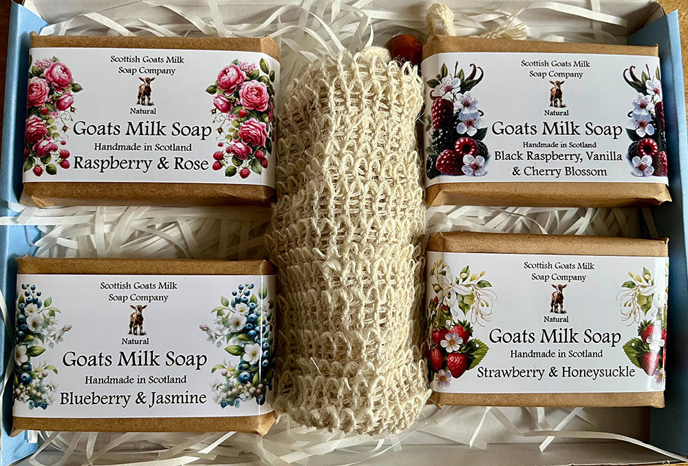 4 Fruit & Floral Goats Milk Soap Bar & Soap Bag Gift Set | 7 Boxes to Choose From | Gift Boxed