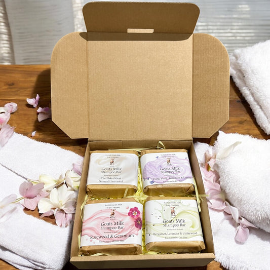 Essential Oil Goats Milk Shampoo Bar Gift Set | 4 Bars of Handmade Shampoo | Gift Boxed