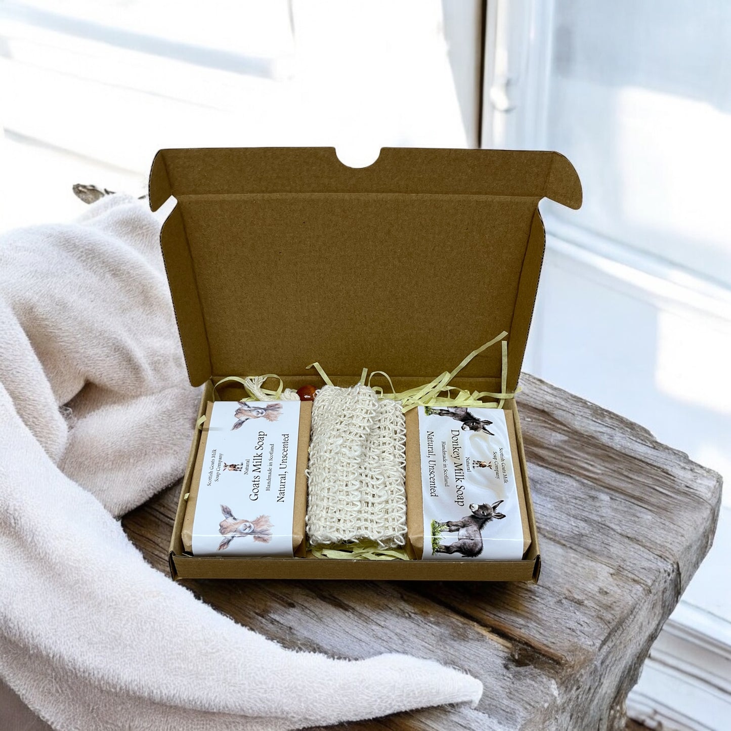 Natural Unscented Goats Milk & Donkey Milk Soap Bar & Soap Bag Gift Set | Gift Boxed