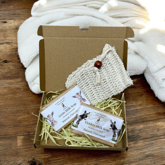 Natural Unscented Goats Milk & Donkey Milk Soap Bar & Soap Bag Gift Set | Gift Boxed