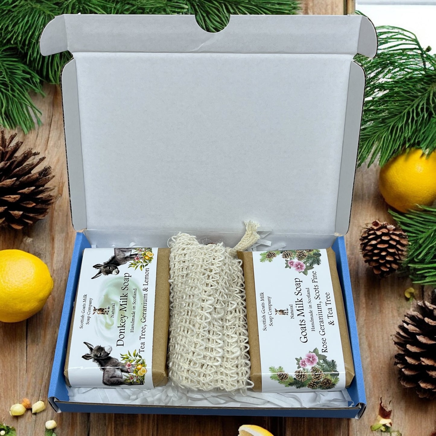 Essential Oil Goat & Donkey Milk Soap Bar & Soap Bag Gift Set | 1 Bar of Each Kind of Soap | 2 Different Scents | 8 Boxes to Choose From | Gift Boxed