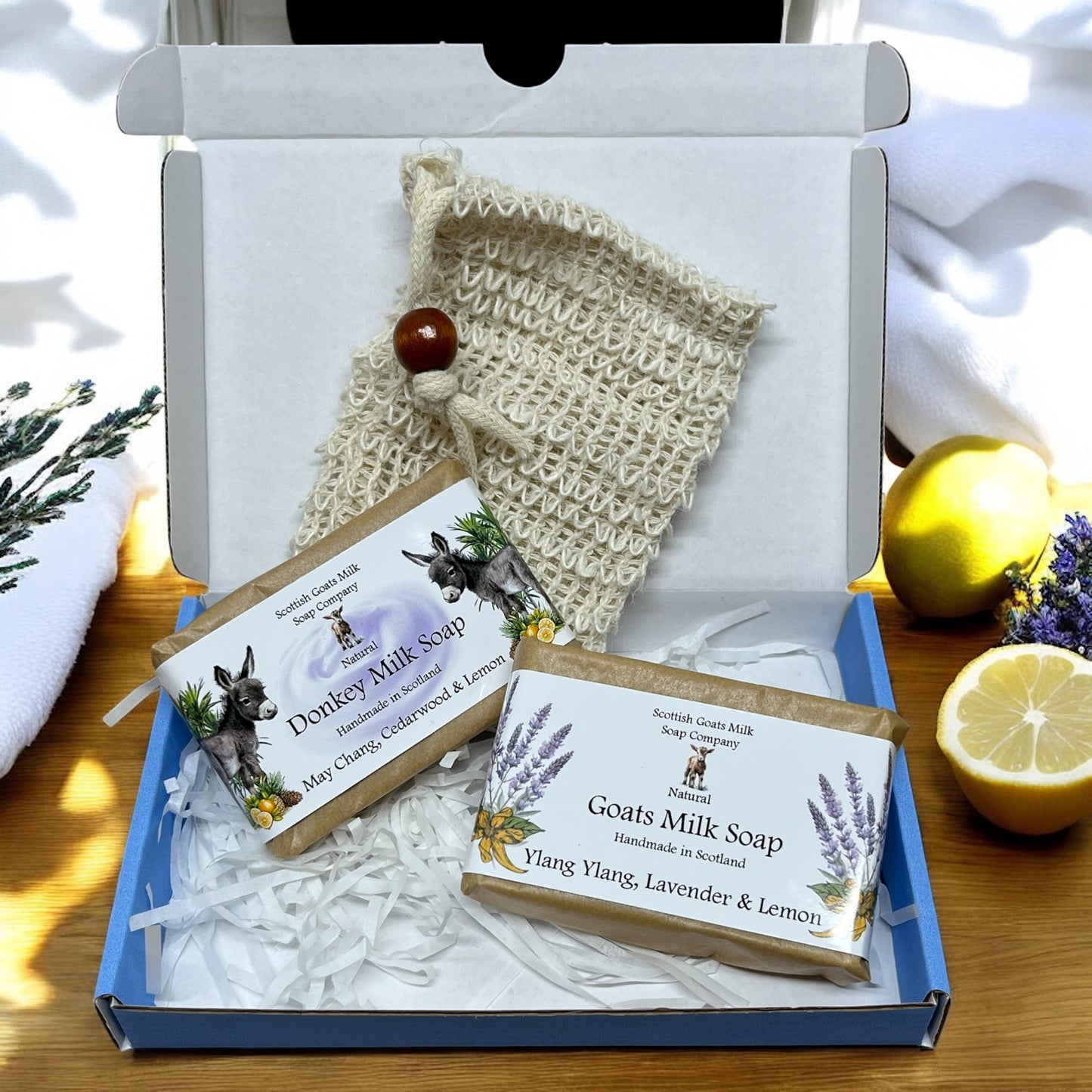 Essential Oil Goat & Donkey Milk Soap Bar & Soap Bag Gift Set | 1 Bar of Each Kind of Soap | 2 Different Scents | 8 Boxes to Choose From | Gift Boxed