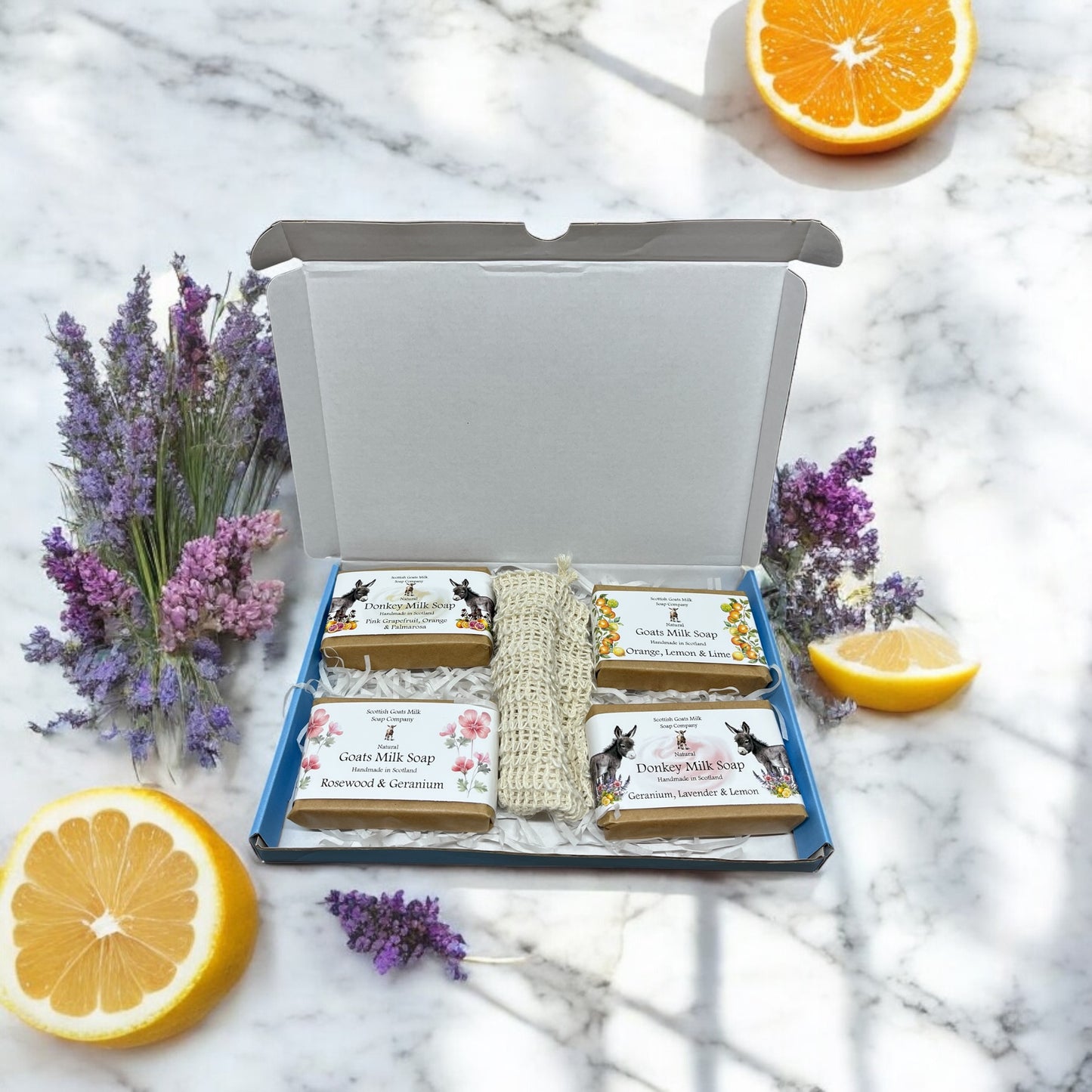 Essential Oil Donkey & Goats Milk Soap Bar & Soap Bag Gift Set | 2 Bars of Each Kind of Soap | 4 Different Scents | 4 Boxes to Choose From | Gift Boxed