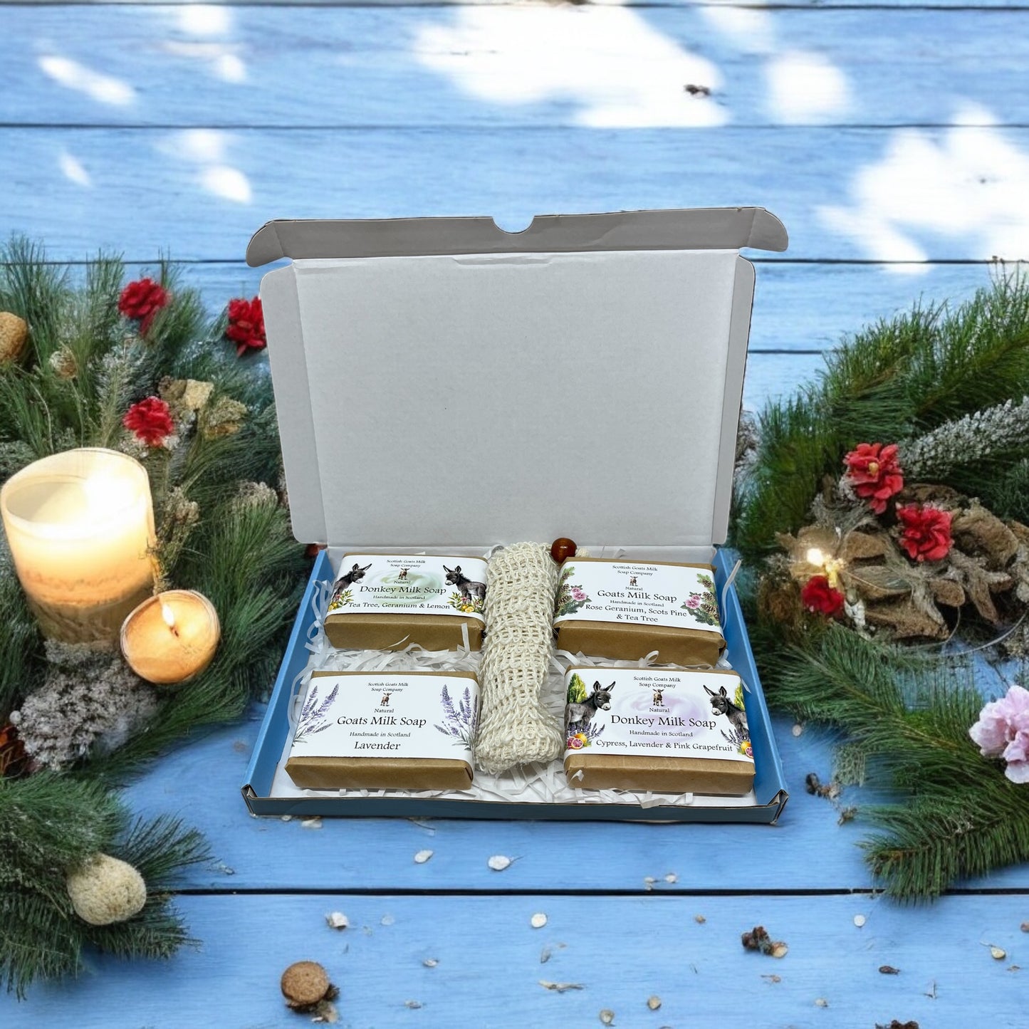 Essential Oil Donkey & Goats Milk Soap Bar & Soap Bag Gift Set | 2 Bars of Each Kind of Soap | 4 Different Scents | 4 Boxes to Choose From | Gift Boxed
