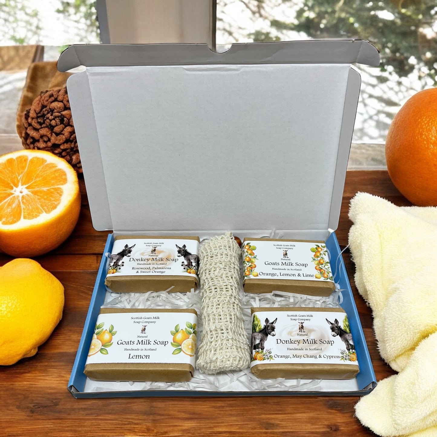 Essential Oil Donkey & Goats Milk Soap Bar & Soap Bag Gift Set | 2 Bars of Each Kind of Soap | 4 Different Scents | 4 Boxes to Choose From | Gift Boxed