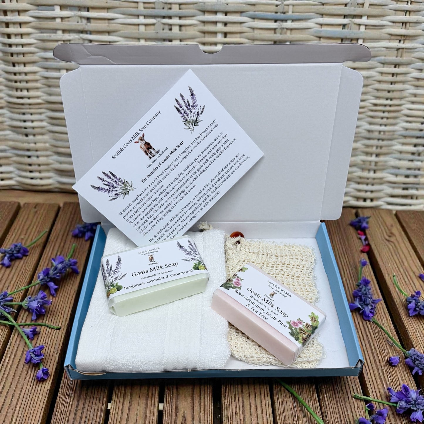 Goats Milk Soap Bar, Bamboo Face Cloth & Sisal Soap Bag Gift Set | 4 Boxes to Choose From | Gift Boxed