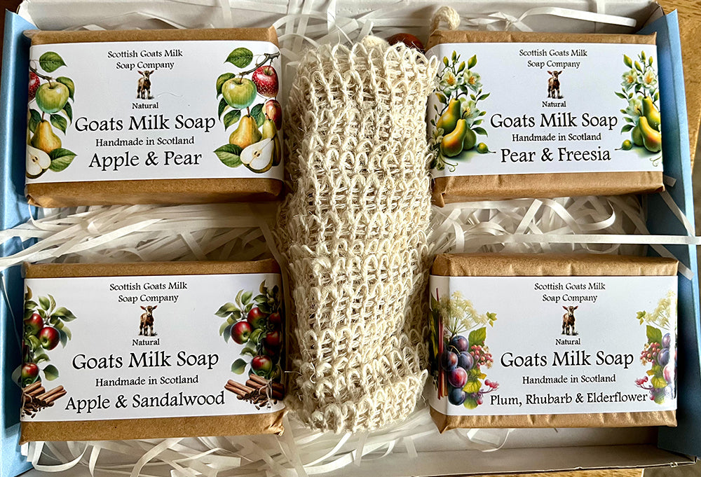4 Fruit & Floral Goats Milk Soap Bar & Soap Bag Gift Set | 7 Boxes to Choose From | Gift Boxed