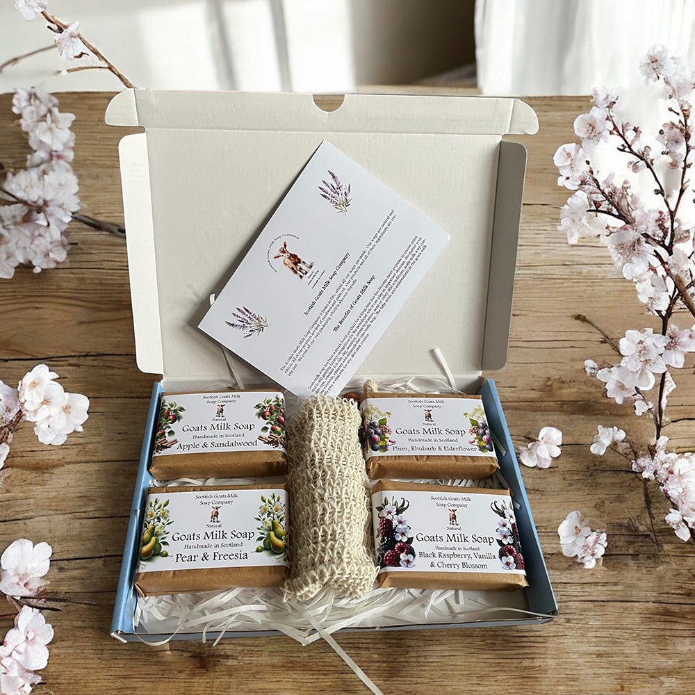 4 Fruit & Floral Goats Milk Soap Bar & Soap Bag Gift Set | 7 Boxes to Choose From | Gift Boxed