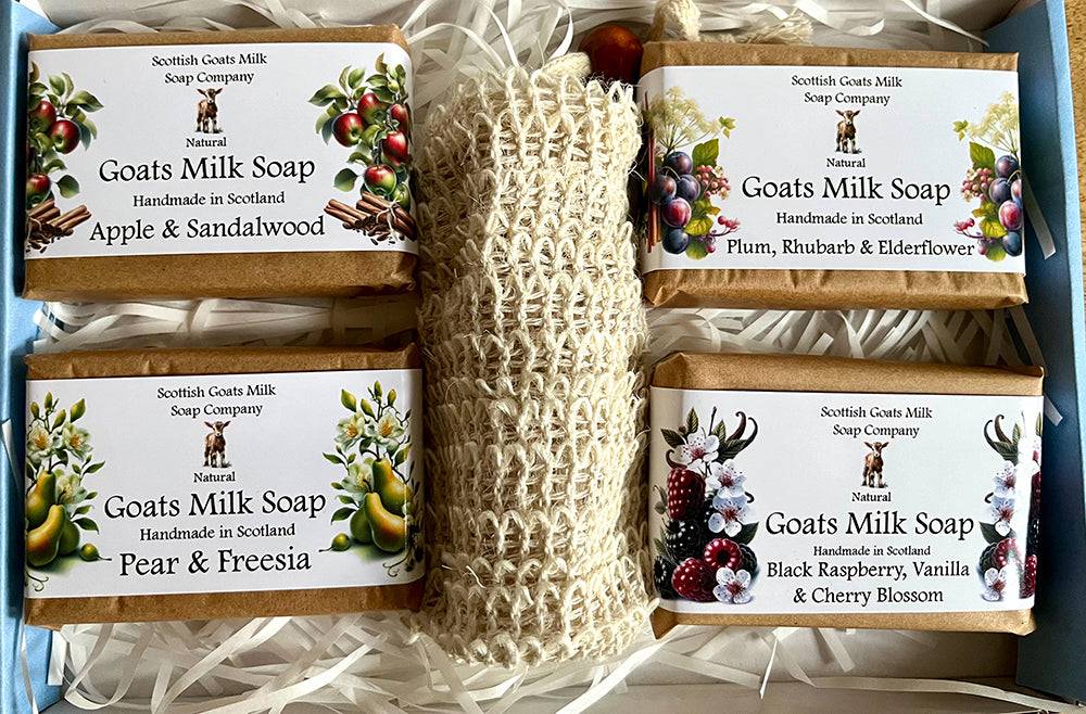 4 Fruit & Floral Goats Milk Soap Bar & Soap Bag Gift Set | 7 Boxes to Choose From | Gift Boxed