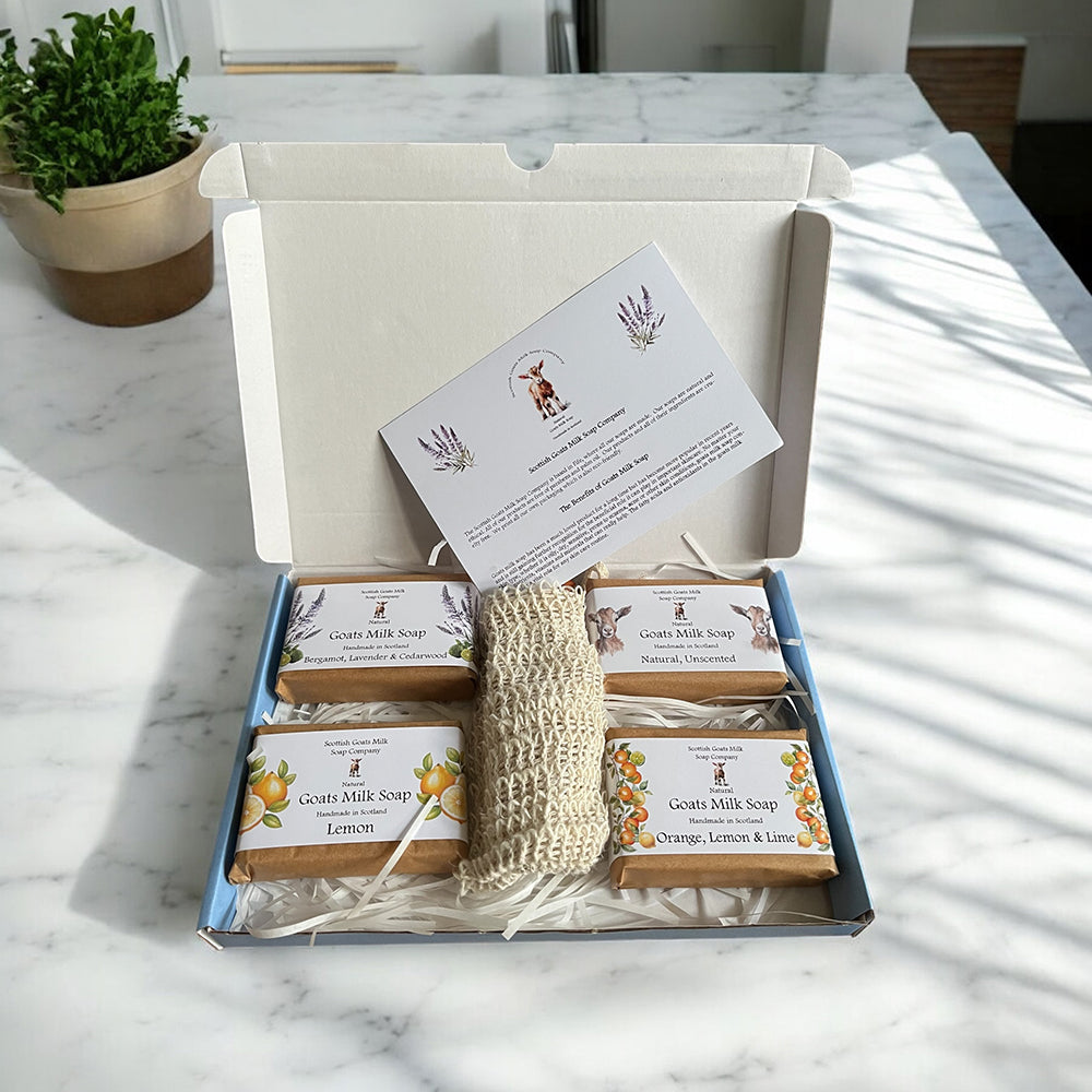 4 Essential Oil Goats Milk Soap Bar & Soap Bag Gift Set | 3 Boxes to Choose From | Gift Boxed