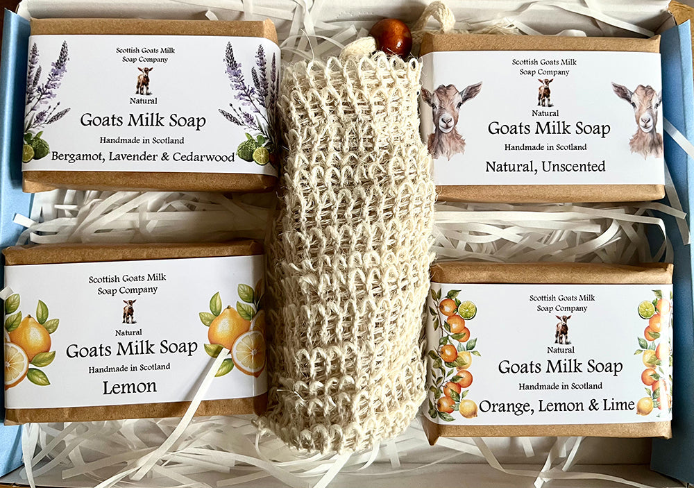 4 Essential Oil Goats Milk Soap Bar & Soap Bag Gift Set | 3 Boxes to Choose From | Gift Boxed