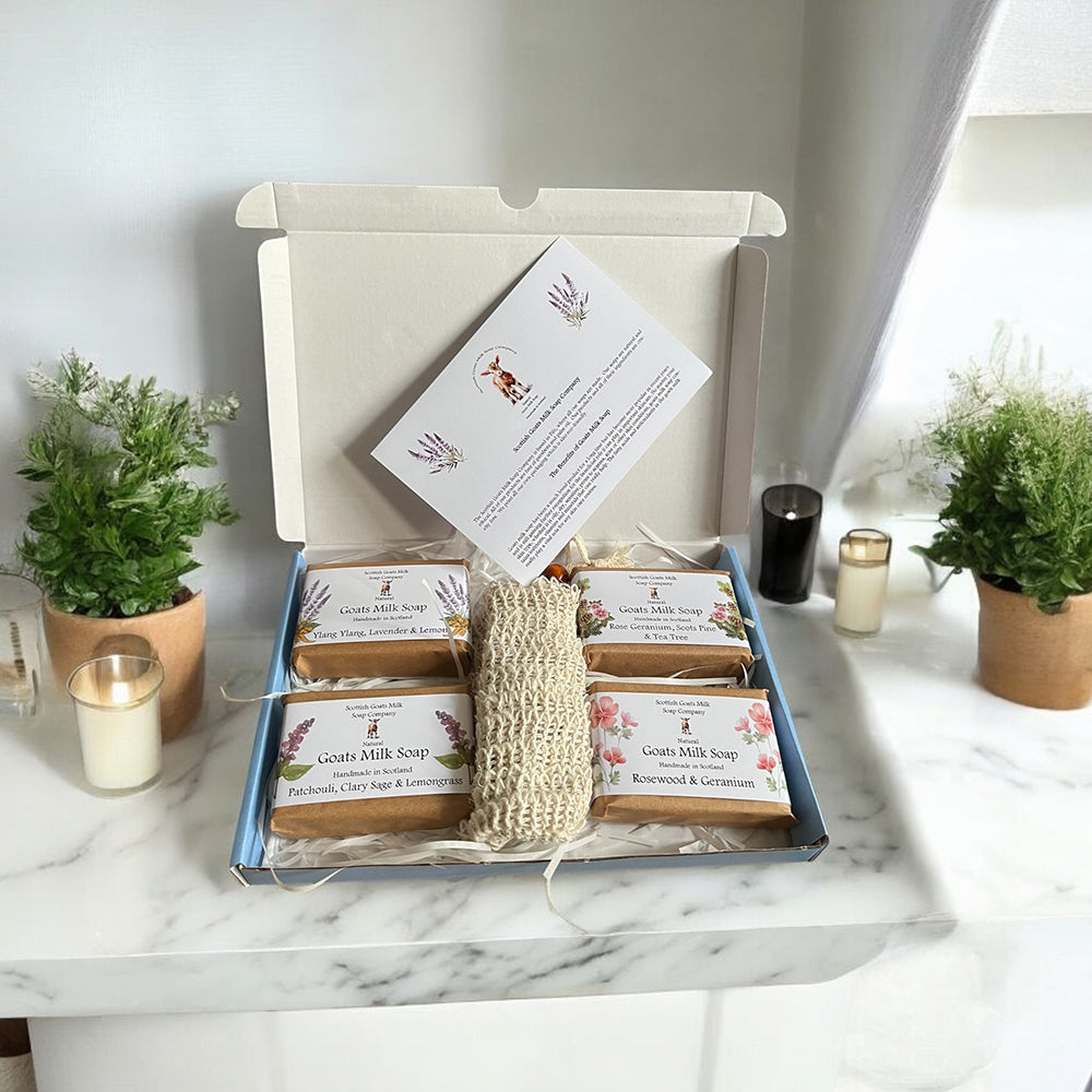 4 Essential Oil Goats Milk Soap Bar & Soap Bag Gift Set | 3 Boxes to Choose From | Gift Boxed