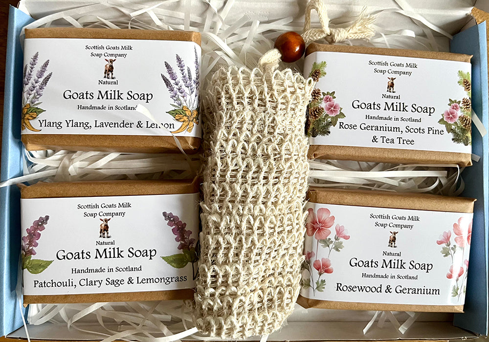 4 Essential Oil Goats Milk Soap Bar & Soap Bag Gift Set | 3 Boxes to Choose From | Gift Boxed