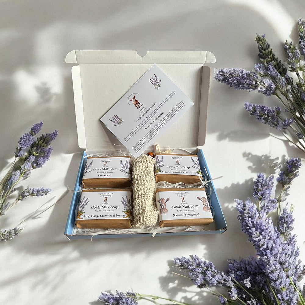 4 Essential Oil Goats Milk Soap Bar & Soap Bag Gift Set | 3 Boxes to Choose From | Gift Boxed