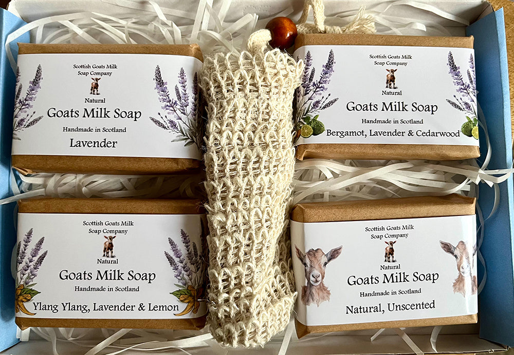 4 Essential Oil Goats Milk Soap Bar & Soap Bag Gift Set | 3 Boxes to Choose From | Gift Boxed