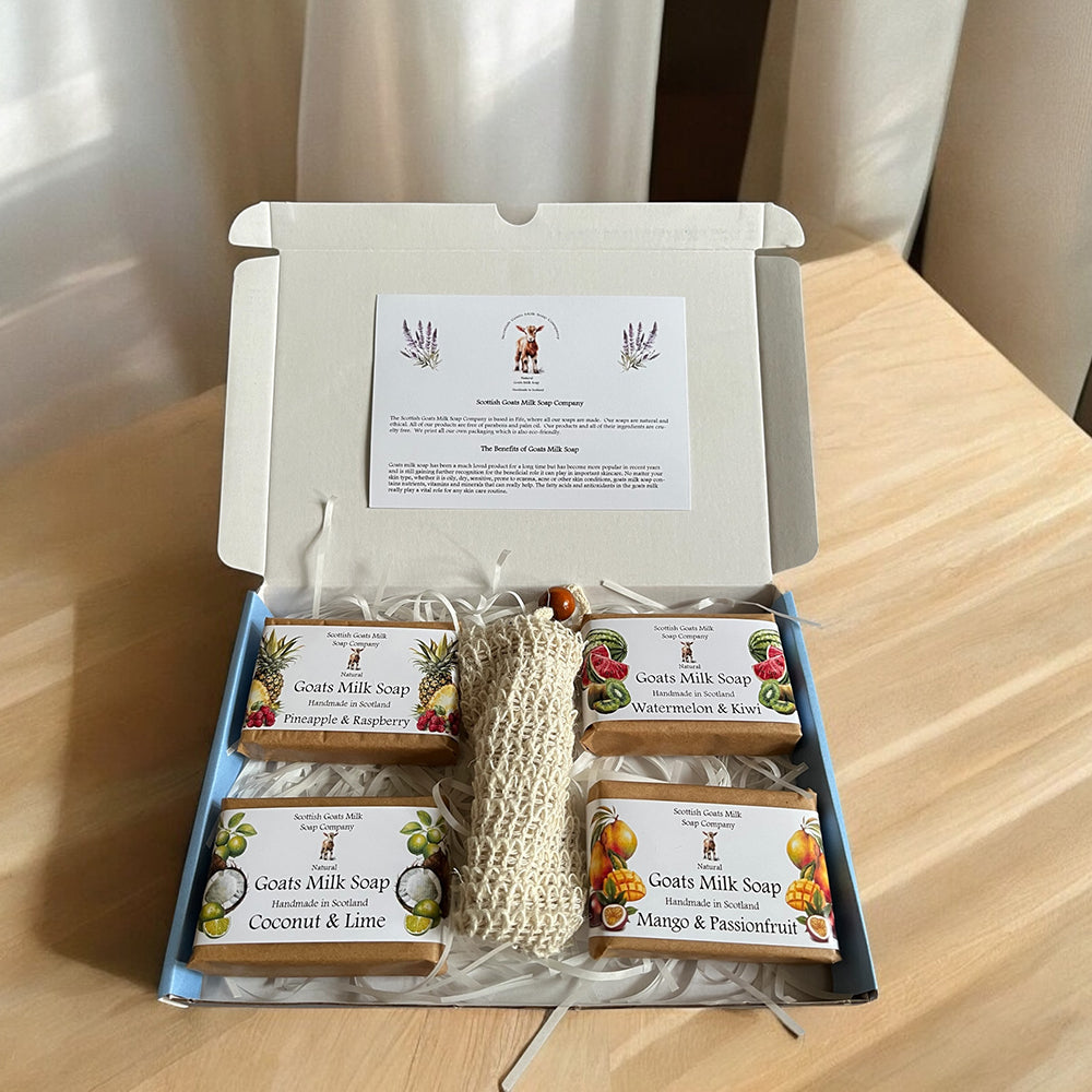 4 Fruit & Floral Goats Milk Soap Bar & Soap Bag Gift Set | 7 Boxes to Choose From | Gift Boxed