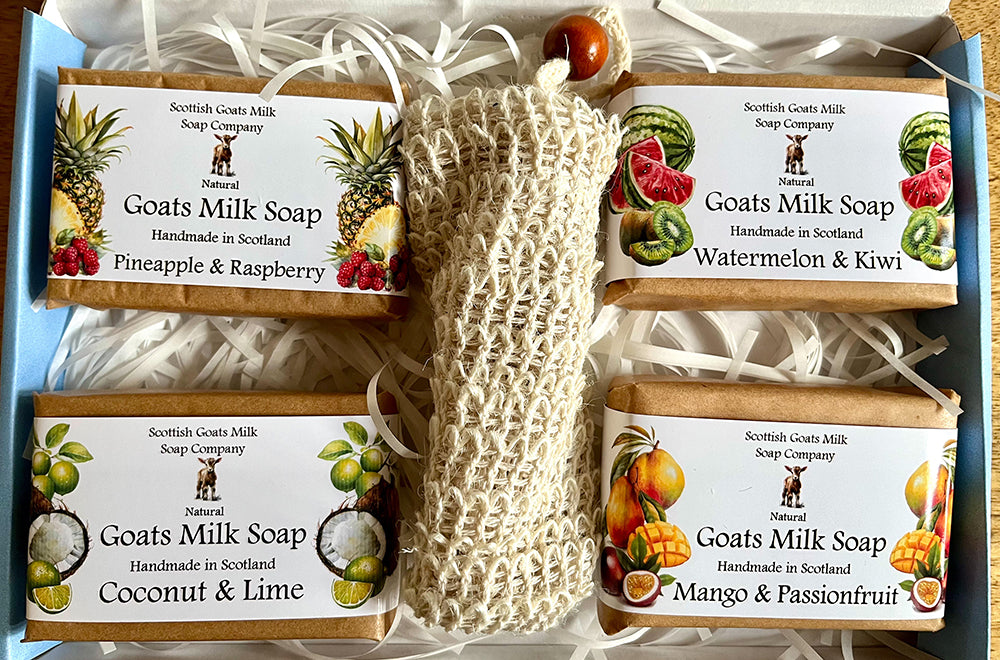 4 Fruit & Floral Goats Milk Soap Bar & Soap Bag Gift Set | 7 Boxes to Choose From | Gift Boxed
