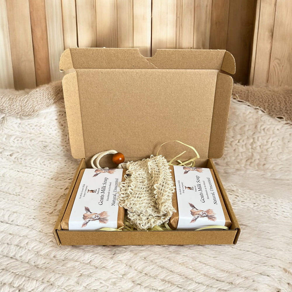 Natural Unscented Goats Milk Soap Bar & Soap Bag Gift Set | Gift Boxed