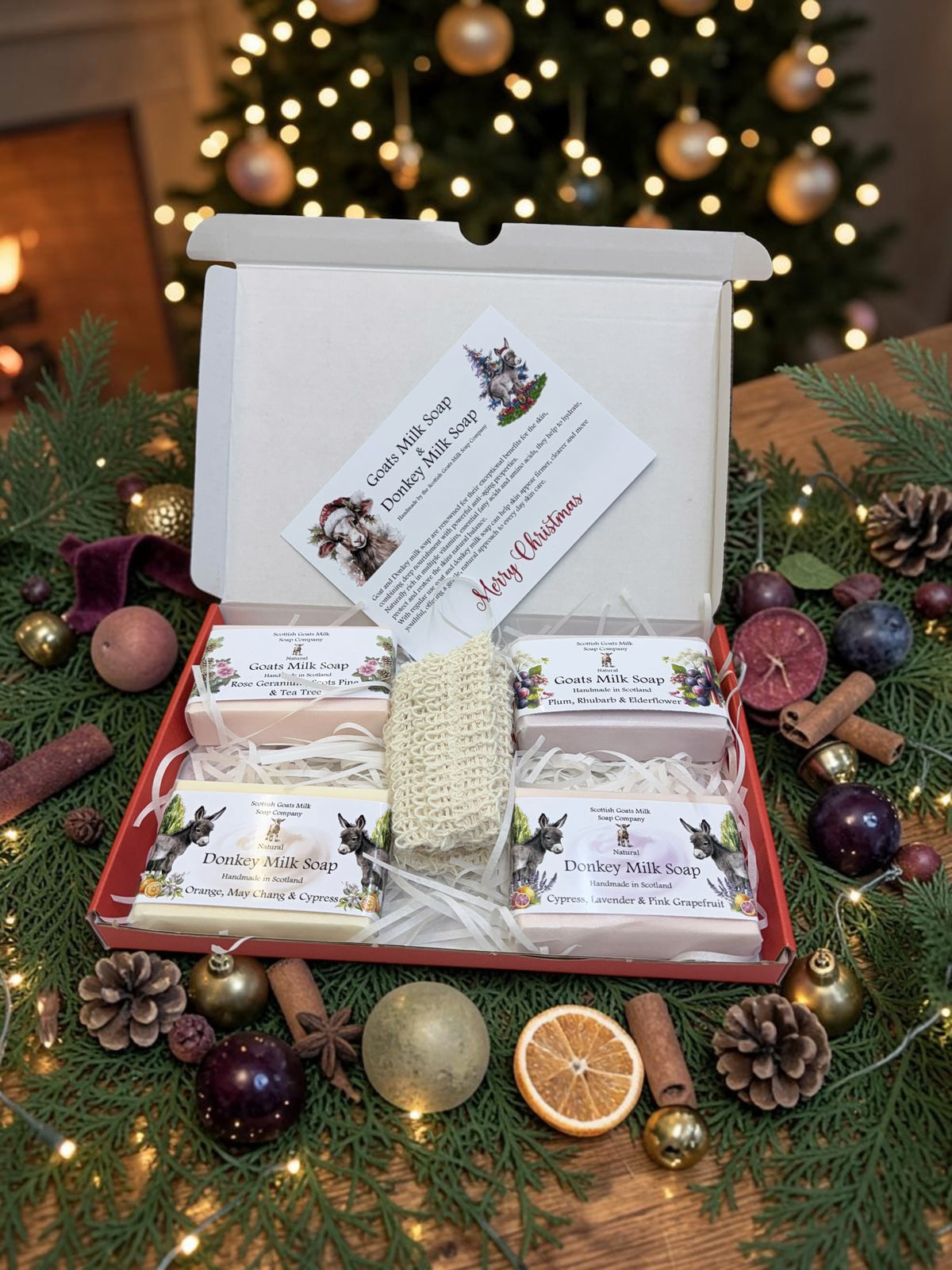 Christmas 4 Bar Goats Milk or Goat and Donkey Milk Soap Bar & Soap Bag Gift Set | 3 Boxes to Choose From | Gift Boxed