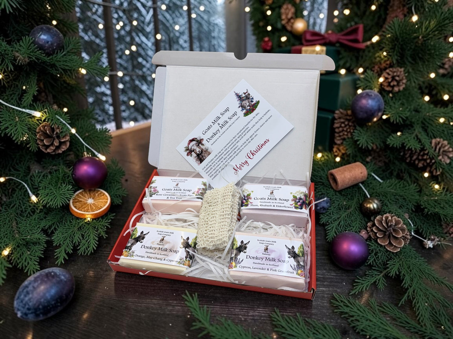 Christmas 4 Bar Goats Milk or Goat and Donkey Milk Soap Bar & Soap Bag Gift Set | 3 Boxes to Choose From | Gift Boxed
