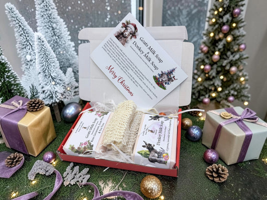 Christmas Goat & Donkey Milk Soap Bar & Soap Bag Gift Set | 1 Bar of Each Kind of Soap | 2 Different Scents | 2 Boxes to Choose From | Gift Boxed