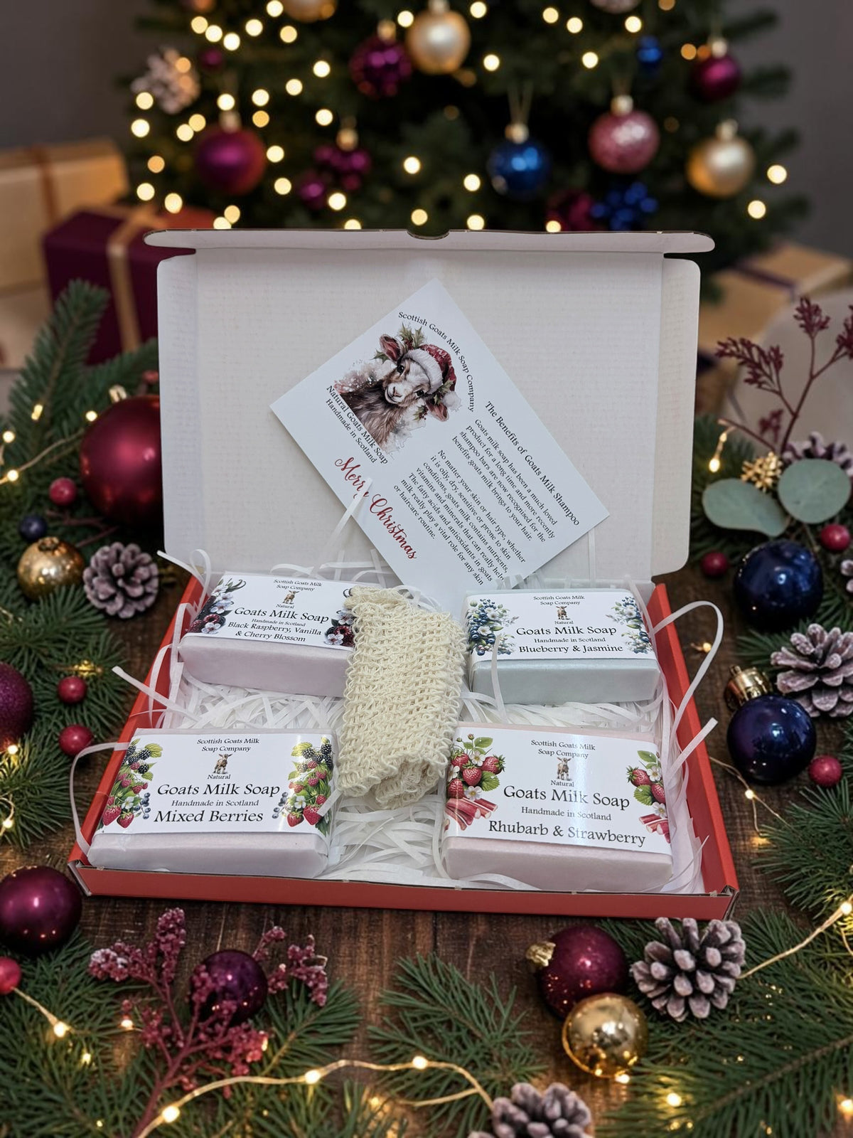 Christmas 4 Bar Goats Milk or Goat and Donkey Milk Soap Bar & Soap Bag Gift Set | 3 Boxes to Choose From | Gift Boxed