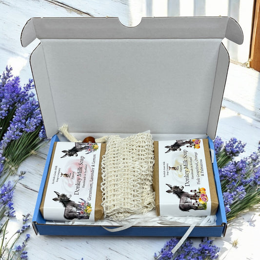 Essential Oil Donkey Milk Soap Bar & Soap Bag Gift Set | 4 Boxes to Choose From | Gift Boxed