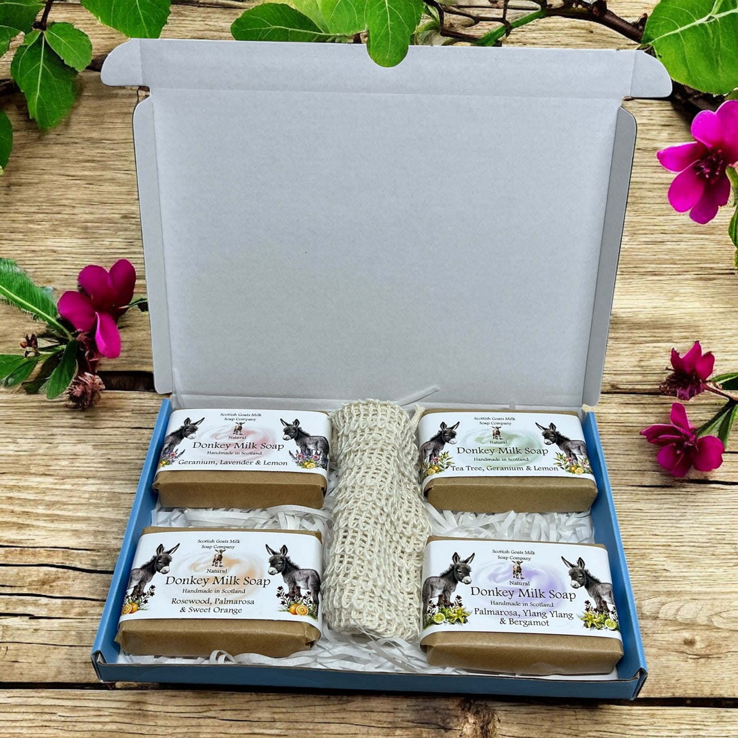 4 Essential Oil Donkey Milk Soap Bar & Soap Bag Gift Set | 3 Boxes to Choose From | Gift Boxed