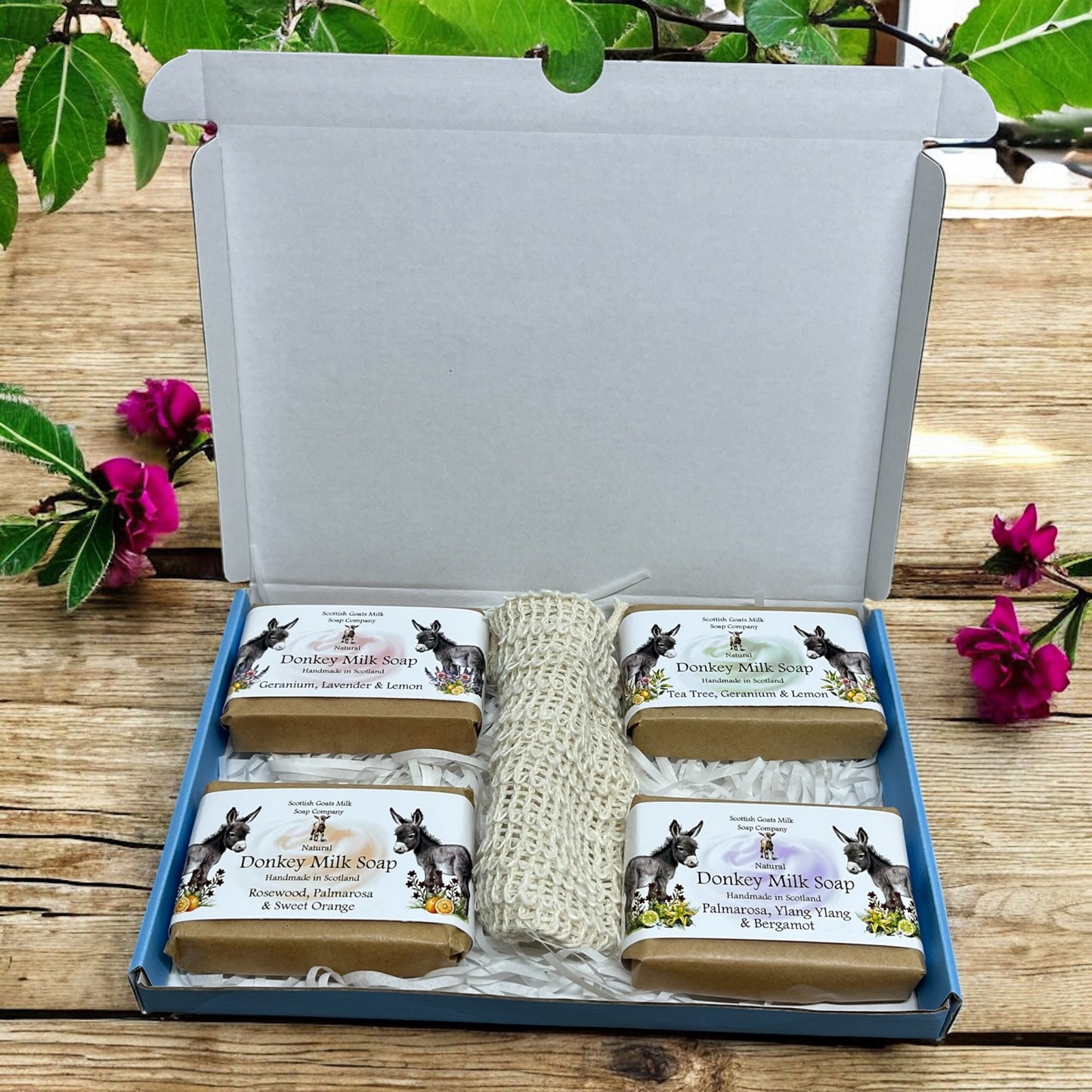 4 Essential Oil Donkey Milk Soap Bar & Soap Bag Gift Set | 3 Boxes to Choose From | Gift Boxed