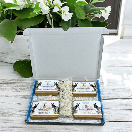 4 Essential Oil Donkey Milk Soap Bar & Soap Bag Gift Set | 3 Boxes to Choose From | Gift Boxed