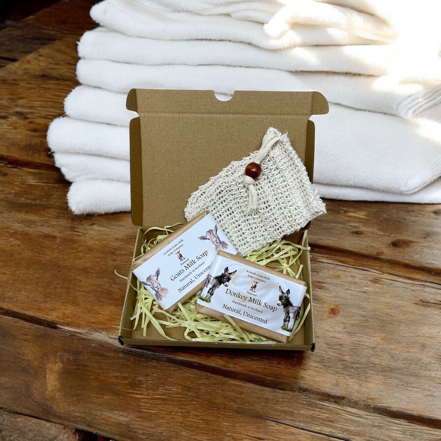 Natural Unscented Goats Milk & Donkey Milk Soap Bar & Soap Bag Gift Set | Gift Boxed