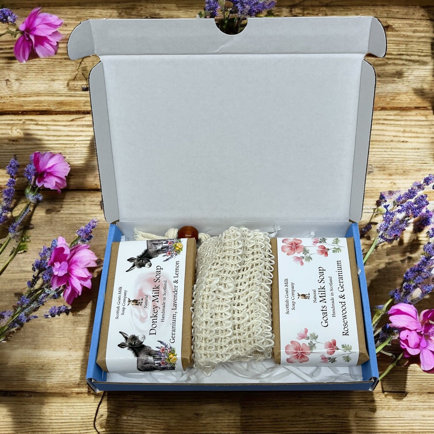 Essential Oil Goat & Donkey Milk Soap Bar & Soap Bag Gift Set | 1 Bar of Each Kind of Soap | 2 Different Scents | 8 Boxes to Choose From | Gift Boxed