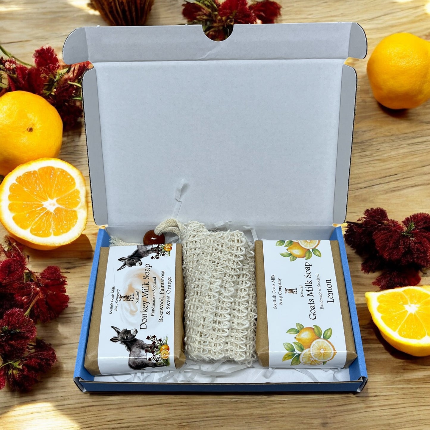 Essential Oil Goat & Donkey Milk Soap Bar & Soap Bag Gift Set | 1 Bar of Each Kind of Soap | 2 Different Scents | 8 Boxes to Choose From | Gift Boxed
