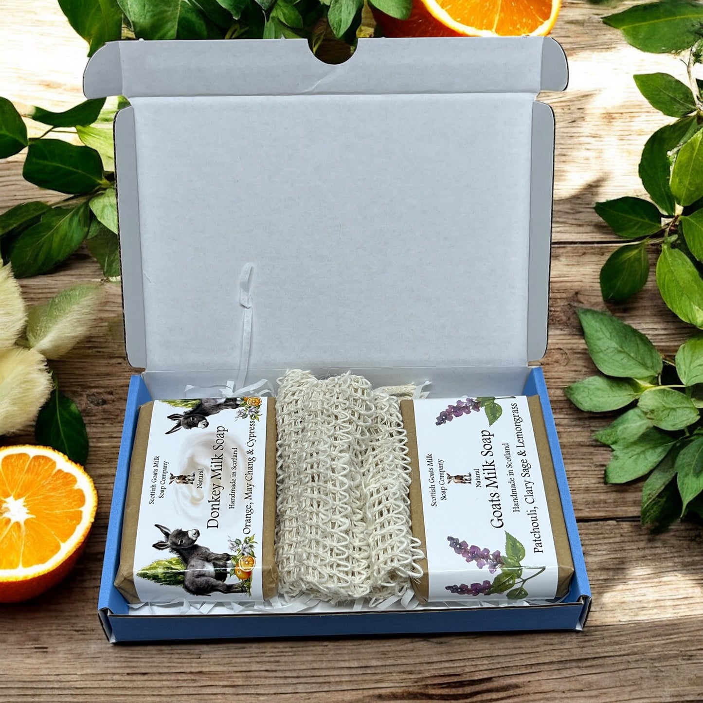 Essential Oil Goat & Donkey Milk Soap Bar & Soap Bag Gift Set | 1 Bar of Each Kind of Soap | 2 Different Scents | 8 Boxes to Choose From | Gift Boxed