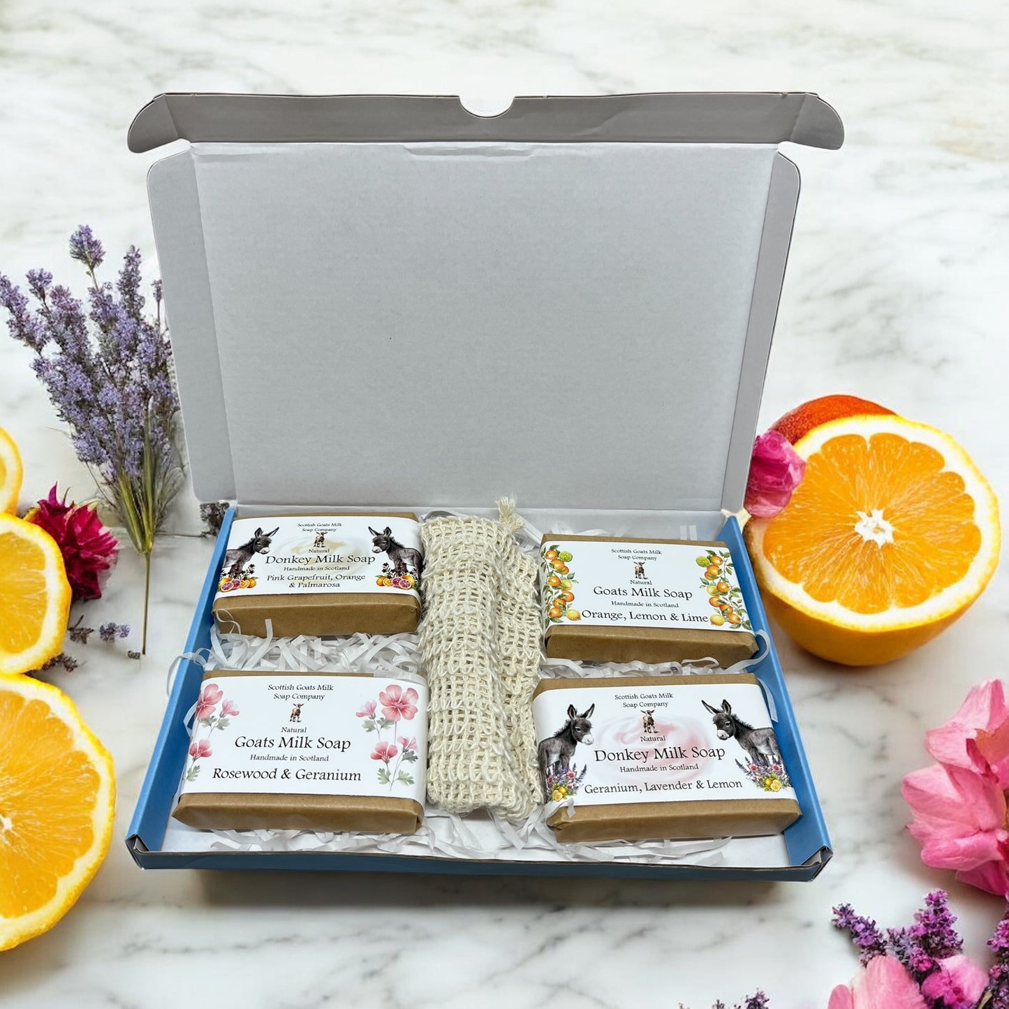 Essential Oil Donkey & Goats Milk Soap Bar & Soap Bag Gift Set | 2 Bars of Each Kind of Soap | 4 Different Scents | 4 Boxes to Choose From | Gift Boxed