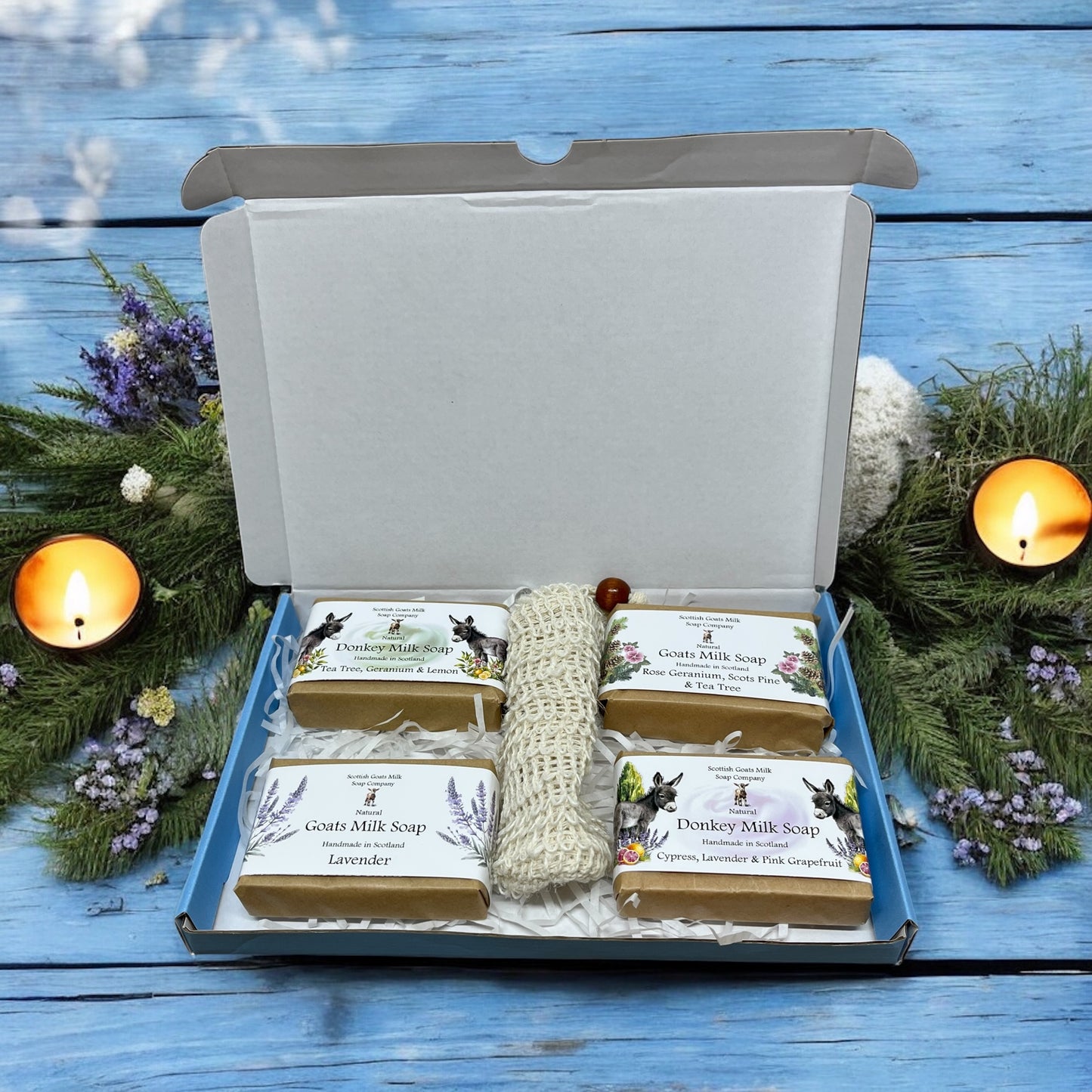 Essential Oil Donkey & Goats Milk Soap Bar & Soap Bag Gift Set | 2 Bars of Each Kind of Soap | 4 Different Scents | 4 Boxes to Choose From | Gift Boxed