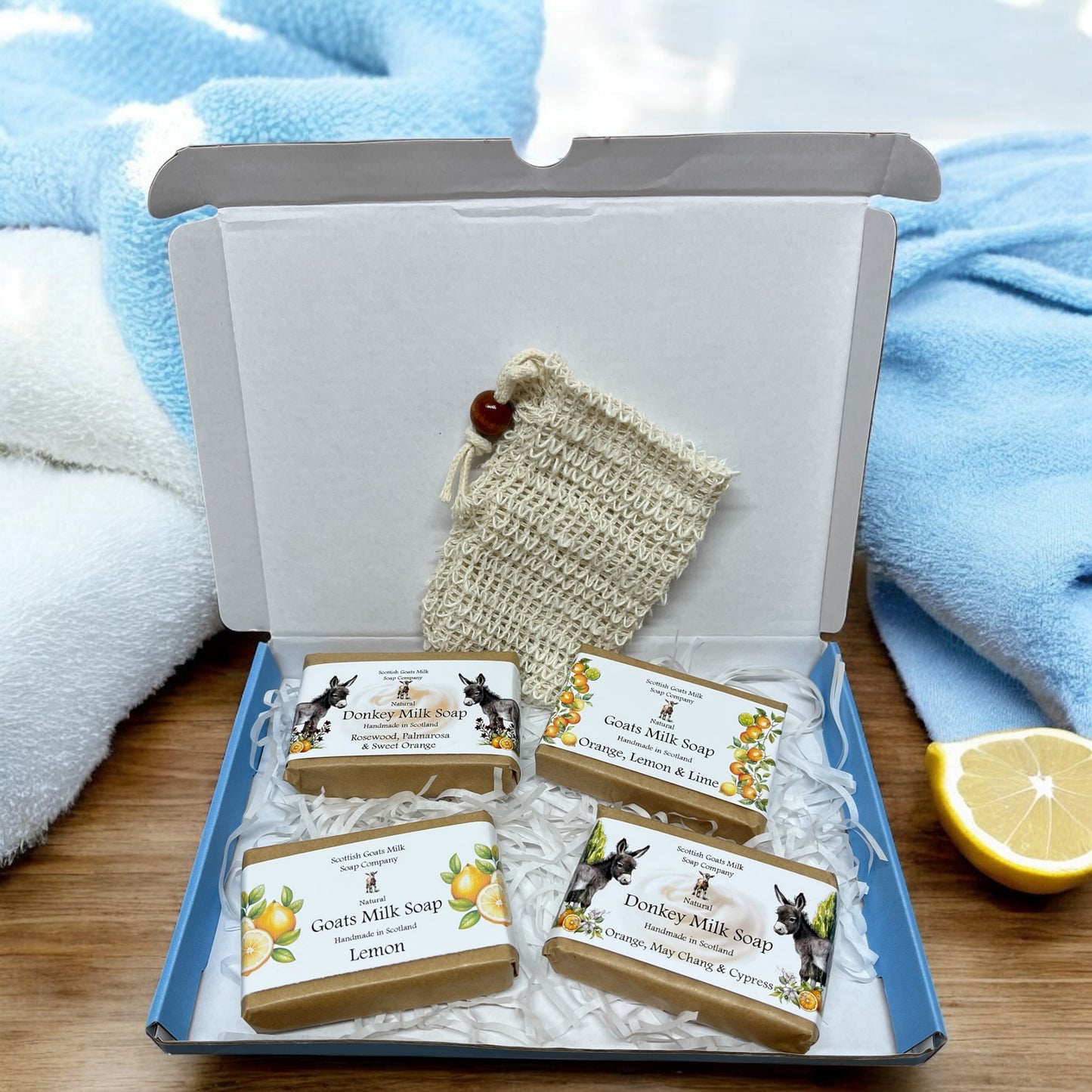 Essential Oil Donkey & Goats Milk Soap Bar & Soap Bag Gift Set | 2 Bars of Each Kind of Soap | 4 Different Scents | 4 Boxes to Choose From | Gift Boxed