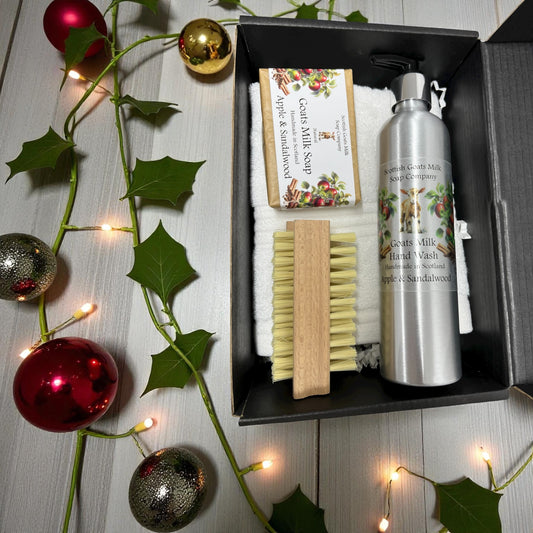 Luxury Christmas Goats Milk Hand Wash (300ml Aluminium Bottle) and Soap Bar Gift Set |4 Scent Boxes to Choose From | Gift Boxed