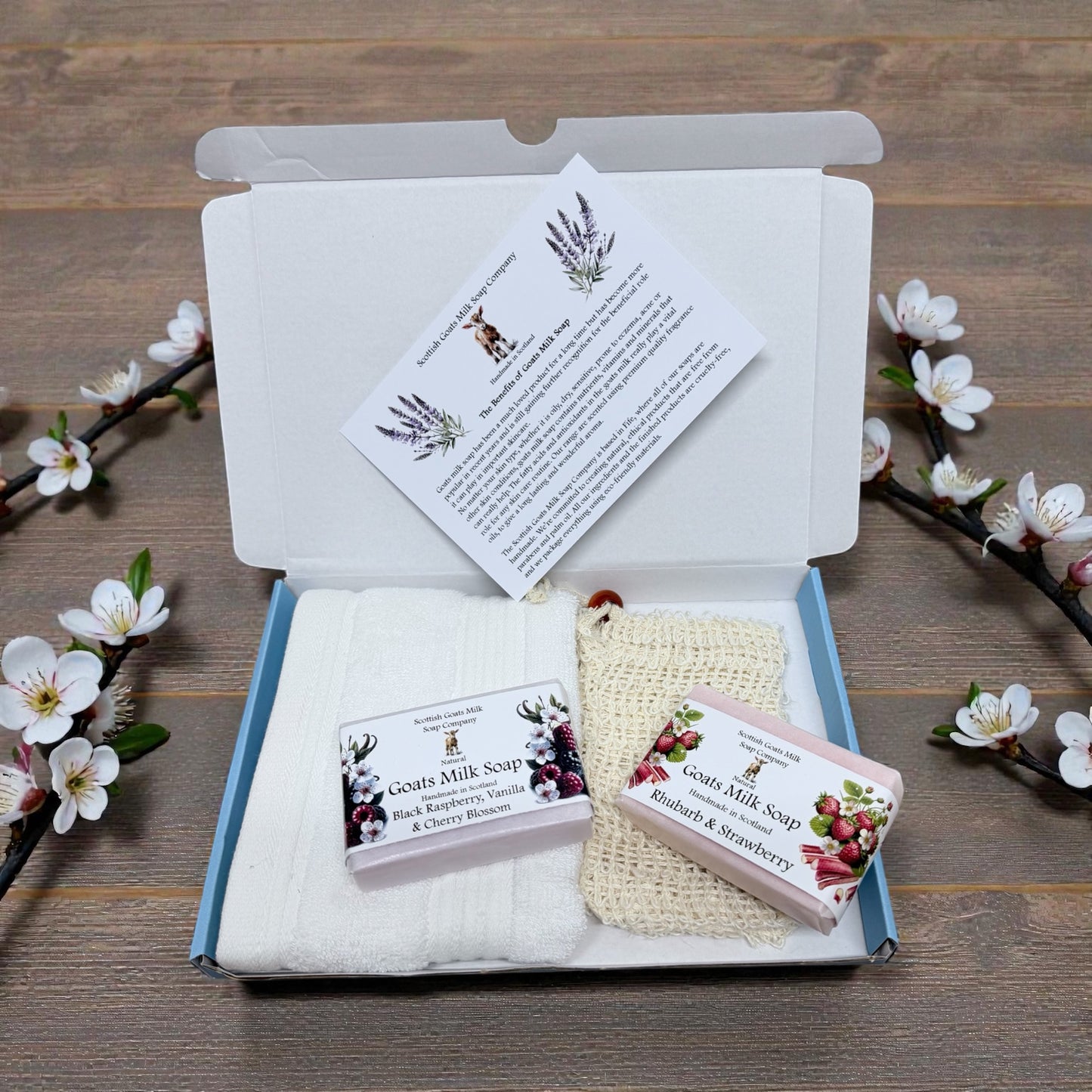 Goats Milk Soap Bar, Bamboo Face Cloth & Sisal Soap Bag Gift Set | 4 Boxes to Choose From | Gift Boxed