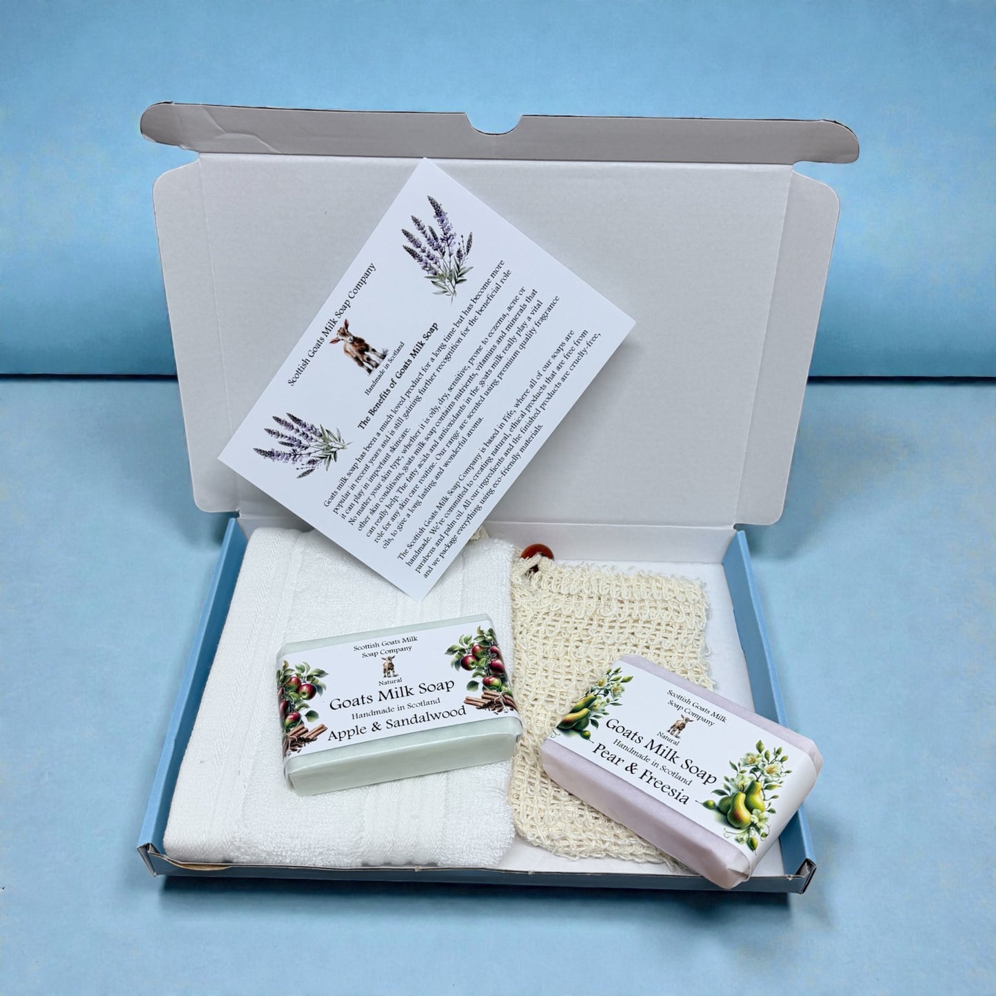 Goats Milk Soap Bar, Bamboo Face Cloth & Sisal Soap Bag Gift Set | 4 Boxes to Choose From | Gift Boxed