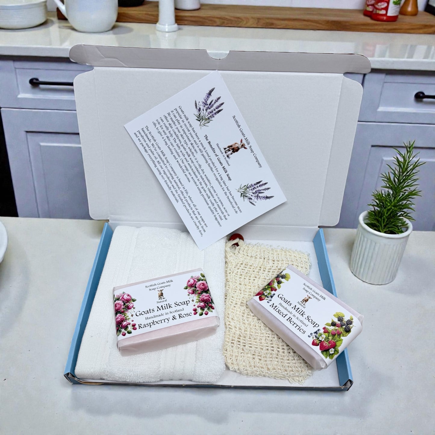 Goats Milk Soap Bar, Bamboo Face Cloth & Sisal Soap Bag Gift Set | 4 Boxes to Choose From | Gift Boxed