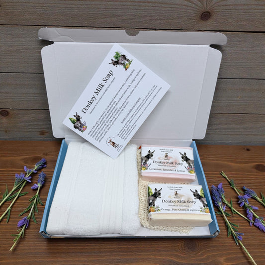 Donkey Milk Soap Bar, Bamboo Face Cloth & Sisal Soap Bag Gift Set | 2 Boxes to Choose From | Gift Boxed
