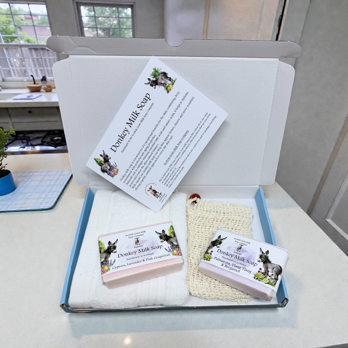 Donkey Milk Soap Bar, Bamboo Face Cloth & Sisal Soap Bag Gift Set | 2 Boxes to Choose From | Gift Boxed