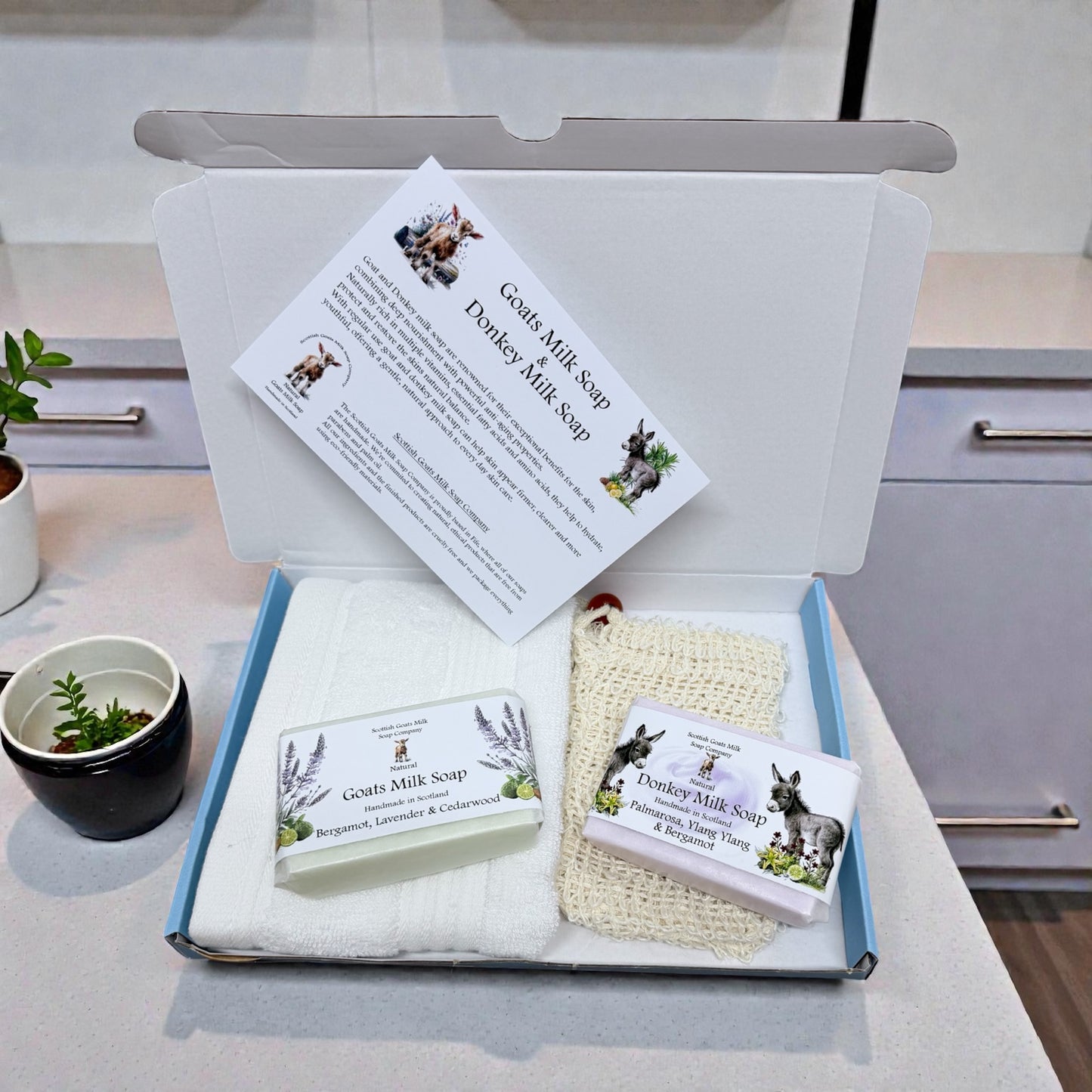 Goat & Donkey Milk Soap Bar, Bamboo Face Cloth & Sisal Soap Bag Gift Set | 4 Boxes to Choose From | Gift Boxed