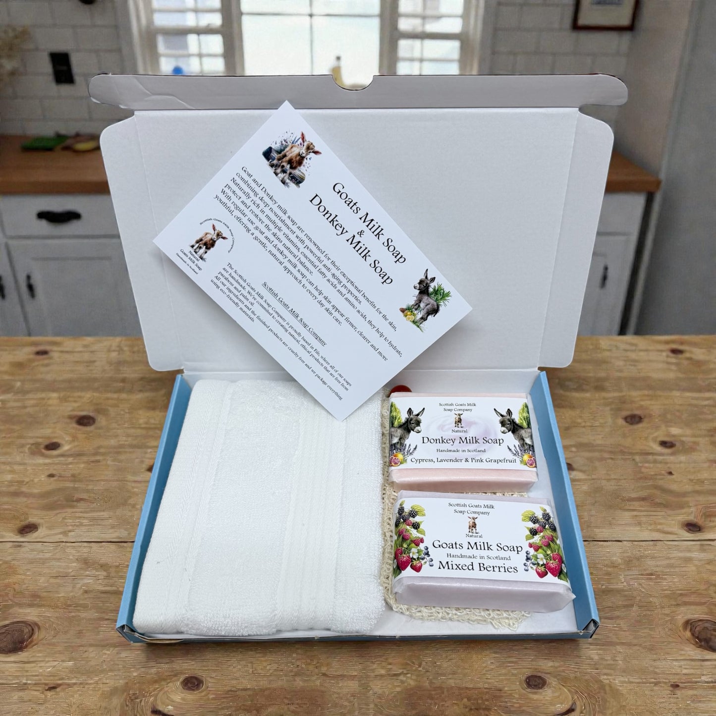 Goat & Donkey Milk Soap Bar, Bamboo Face Cloth & Sisal Soap Bag Gift Set | 4 Boxes to Choose From | Gift Boxed