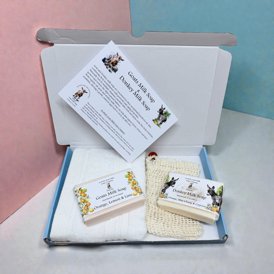 Goat & Donkey Milk Soap Bar, Bamboo Face Cloth & Sisal Soap Bag Gift Set | 4 Boxes to Choose From | Gift Boxed