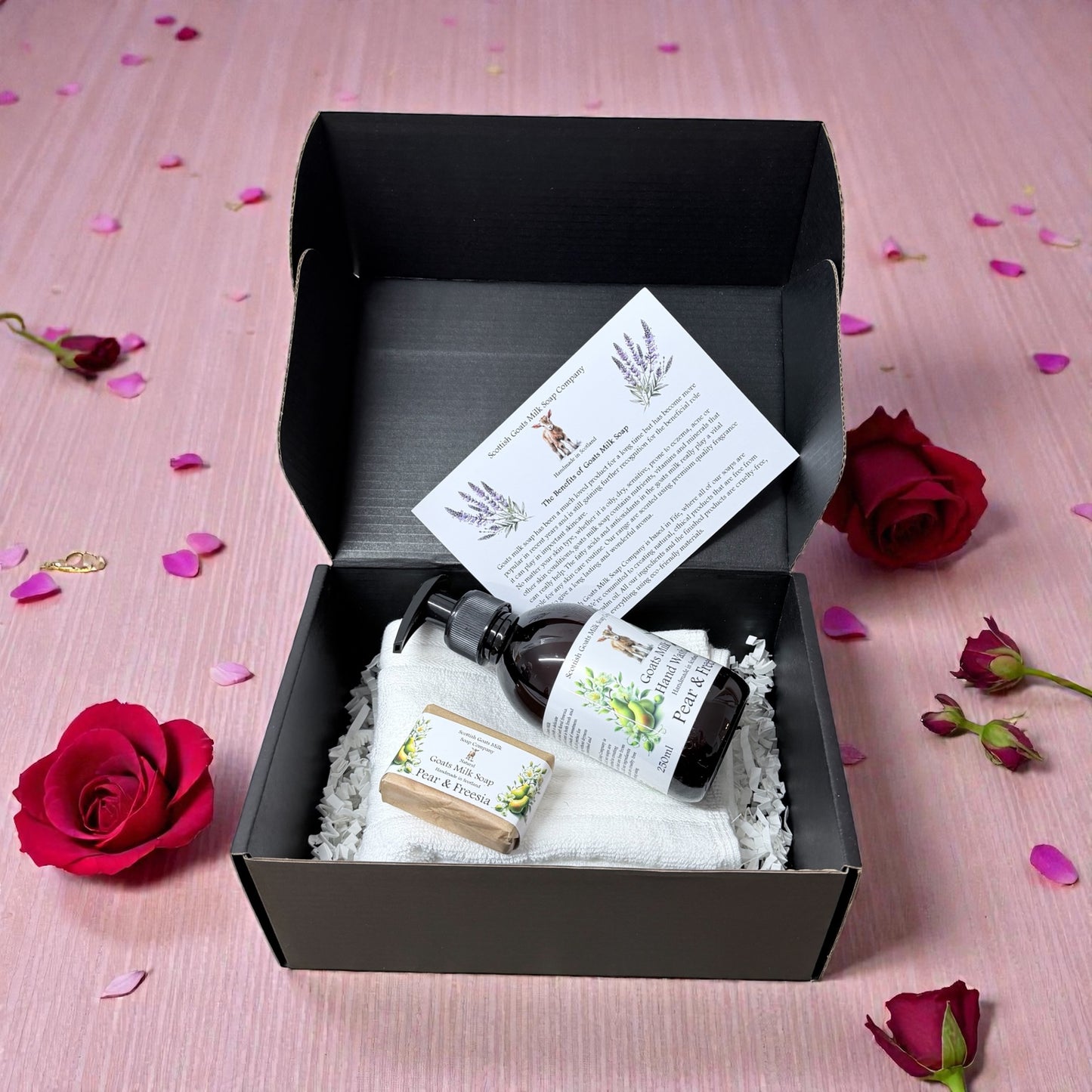 Valentines Luxury Goats Milk Hand Wash (250ml) and Soap Bar Gift Set | 5 Scent Boxes to Choose From | Gift Boxed