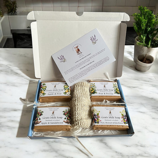 4 Fruit & Floral Goats Milk Soap Bar & Soap Bag Gift Set | 4 Boxes to Choose From | Gift Boxed