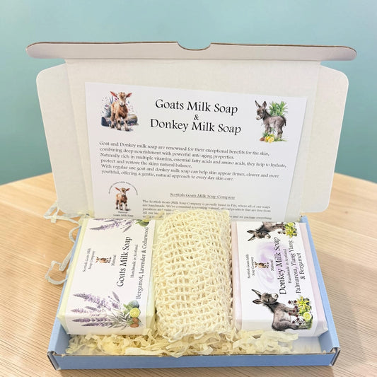 Essential Oil Goat & Donkey Milk Soap Bar & Soap Bag Gift Set | 1 Bar of Each Kind of Soap | 2 Different Scents | 4 Boxes to Choose From | Gift Boxed
